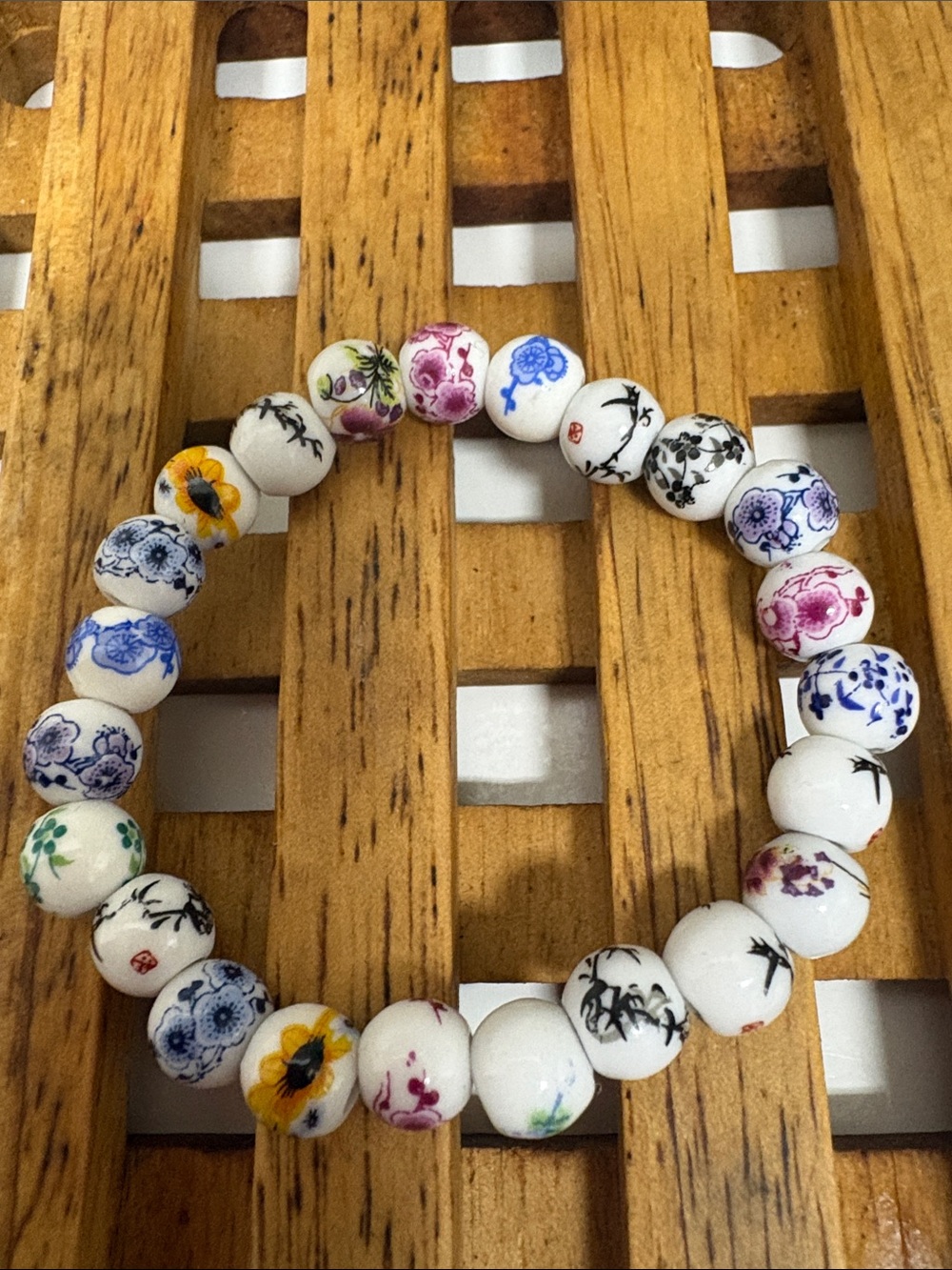 Porcelain Floral Bead Stretch Bracelet - Multicolor - Picture 1 of 1